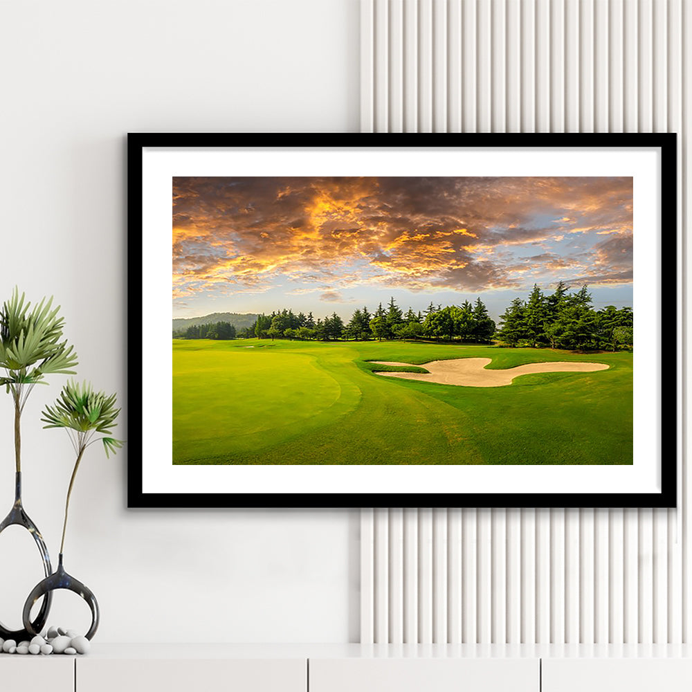 Green Grass And Woods On A Golf Field, Goft Art Print, Framed Art Print White Border Wall Decor