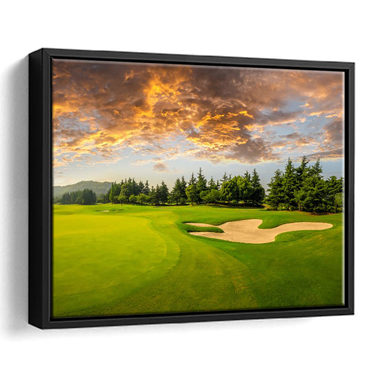 Green Grass And Woods On A Golf Field, Floating Framed Canvas Print Wall Art