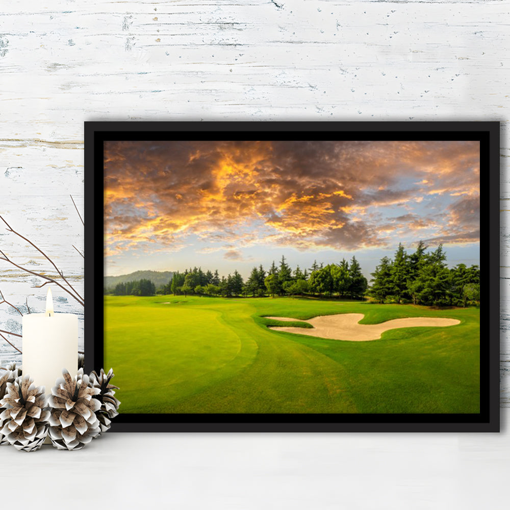 Green Grass And Woods On A Golf Field, Floating Framed Canvas Print Wall Art