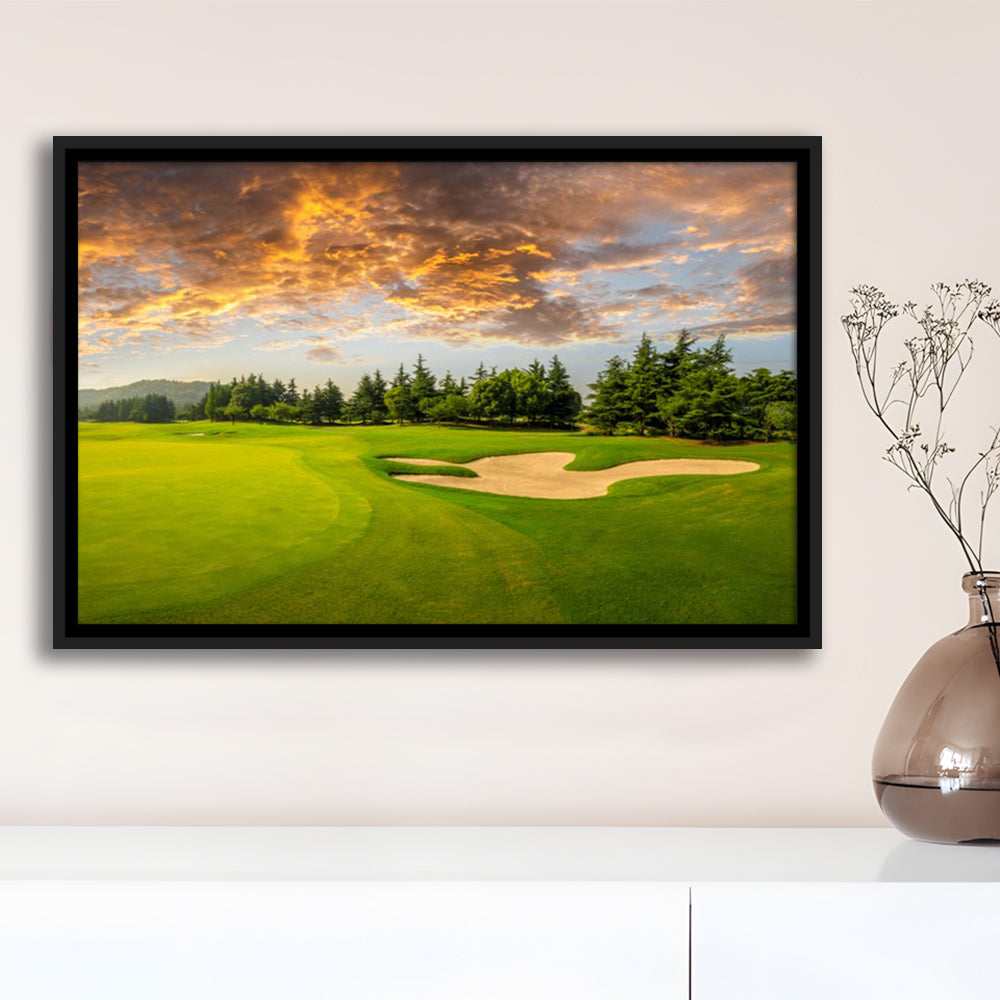 Green Grass And Woods On A Golf Field, Floating Framed Canvas Print Wall Art