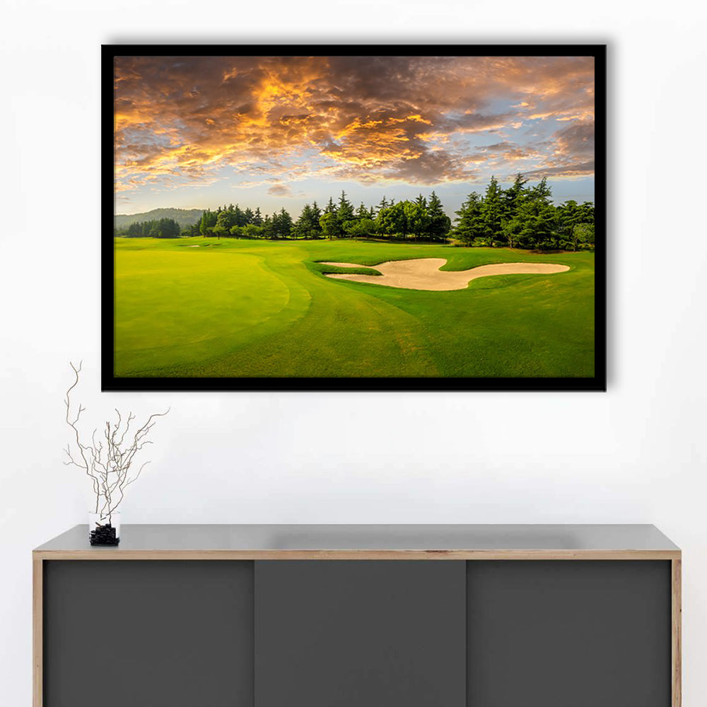 Green Grass And Woods On A Golf Field, Framed Art Print Wall Decor, Picture Framed