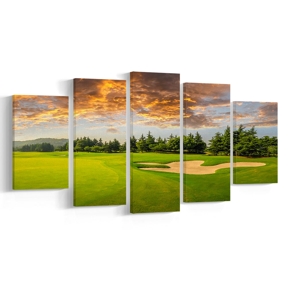 Green Grass And Woods On A Golf Field, Golf Art Print, 5 Pieces Mixed Canvas Print Wall Art