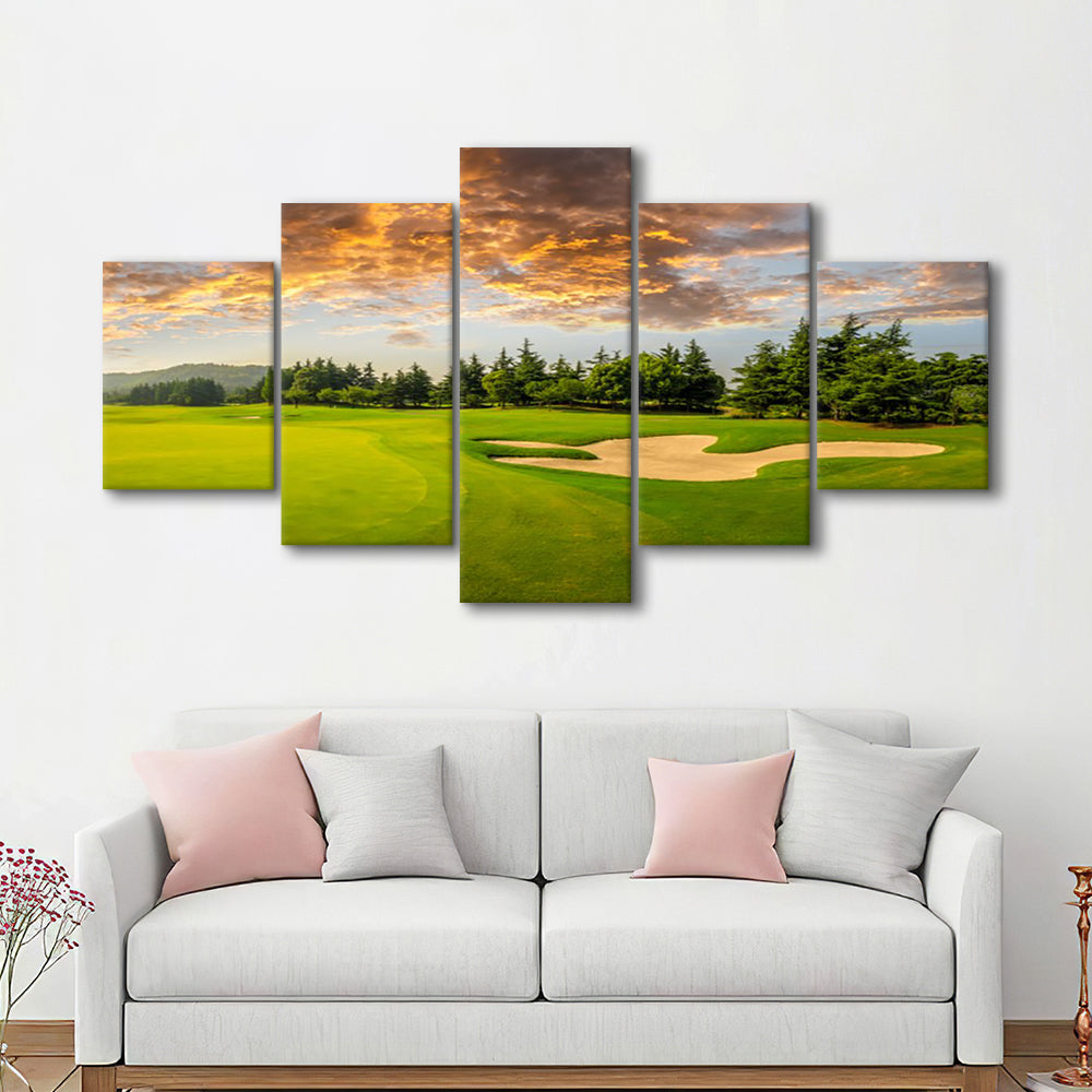 Green Grass And Woods On A Golf Field, Golf Art Print, 5 Pieces Mixed Canvas Print Wall Art