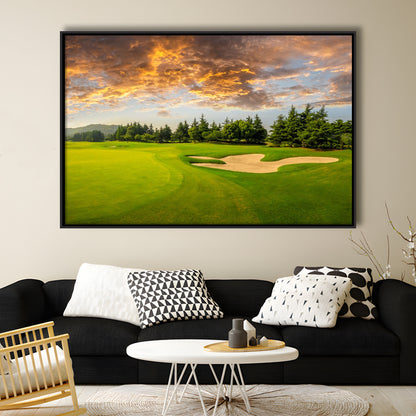 Green Grass And Woods On A Golf Field, Floating Framed Canvas Print Wall Art