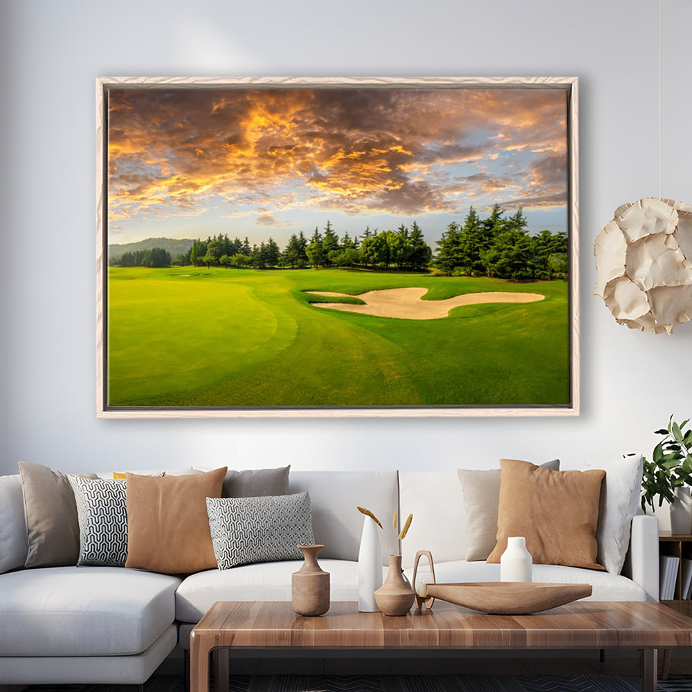 Green Grass And Woods On A Golf Field, Floating Framed Canvas Print Wall Art