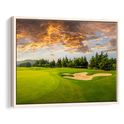 Green Grass And Woods On A Golf Field, Floating Framed Canvas Print Wall Art