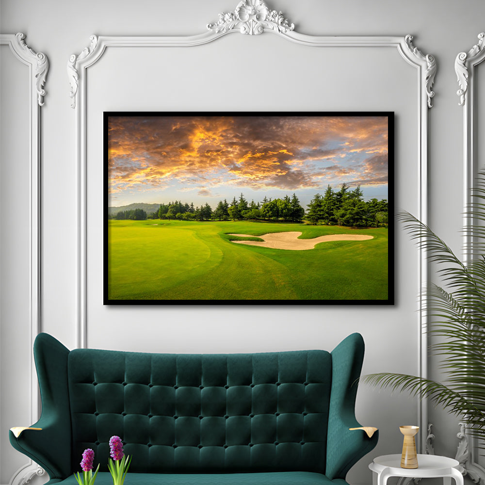 Green Grass And Woods On A Golf Field, Framed Art Print Wall Decor, Picture Framed