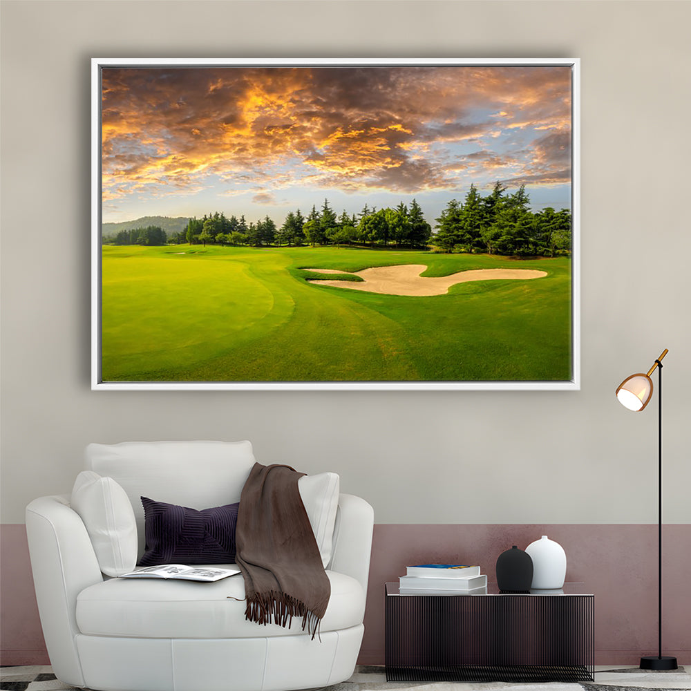 Green Grass And Woods On A Golf Field, Floating Framed Canvas Print Wall Art