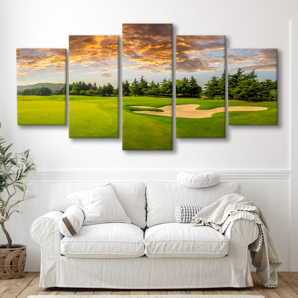 Green Grass And Woods On A Golf Field, Golf Art Print, 5 Pieces Mixed Canvas Print Wall Art