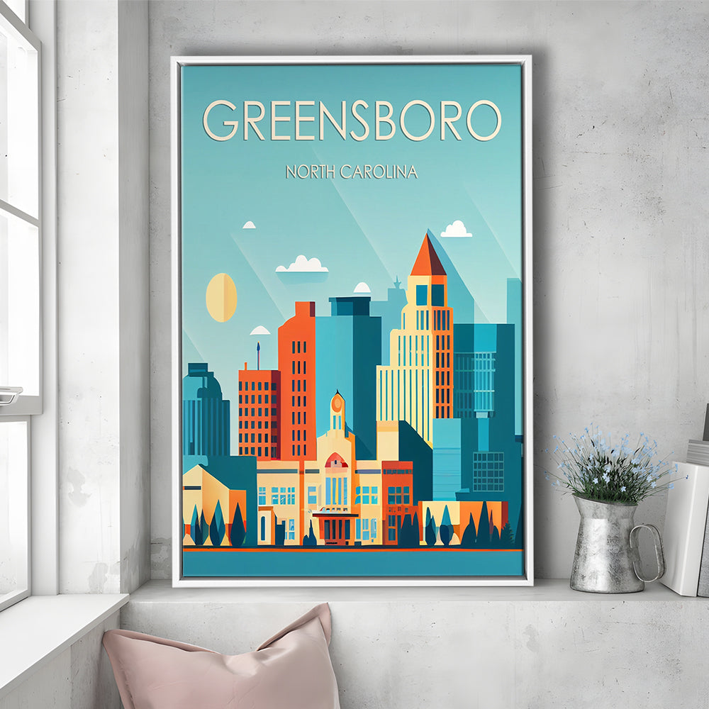 Greensboro North Carolina Retro Art Print, Greensboro City Wall Art, Floating Framed Canvas Print, Framed Picture, Painting Canvas