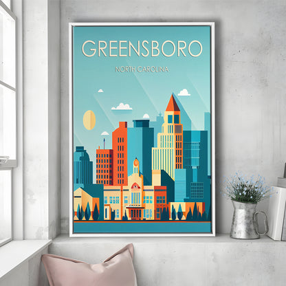 Greensboro North Carolina Retro Art Print, Greensboro City Wall Art, Floating Framed Canvas Print, Framed Picture, Painting Canvas