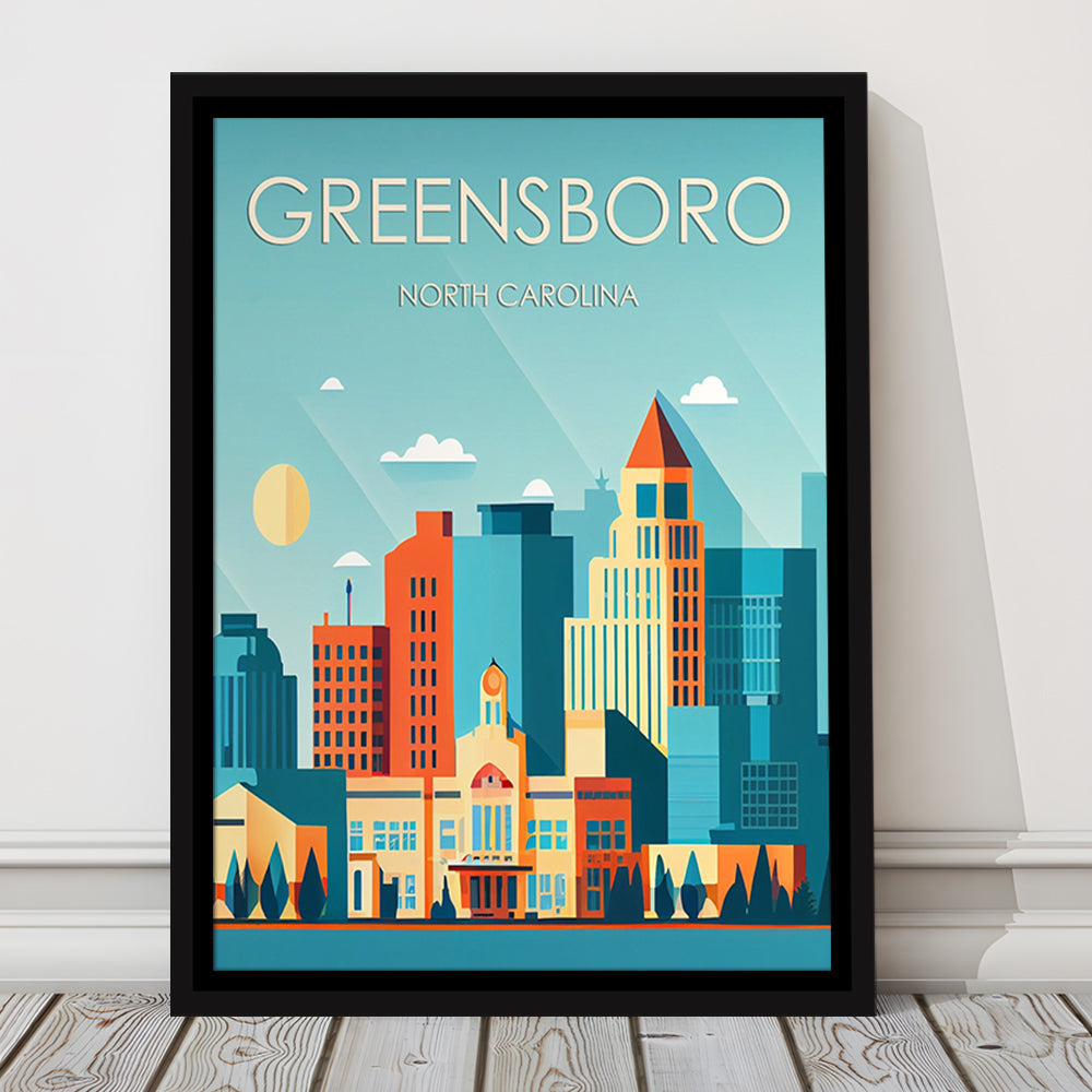 Greensboro North Carolina Retro Art Print, Greensboro City Wall Art, Floating Framed Canvas Print, Framed Picture, Painting Canvas