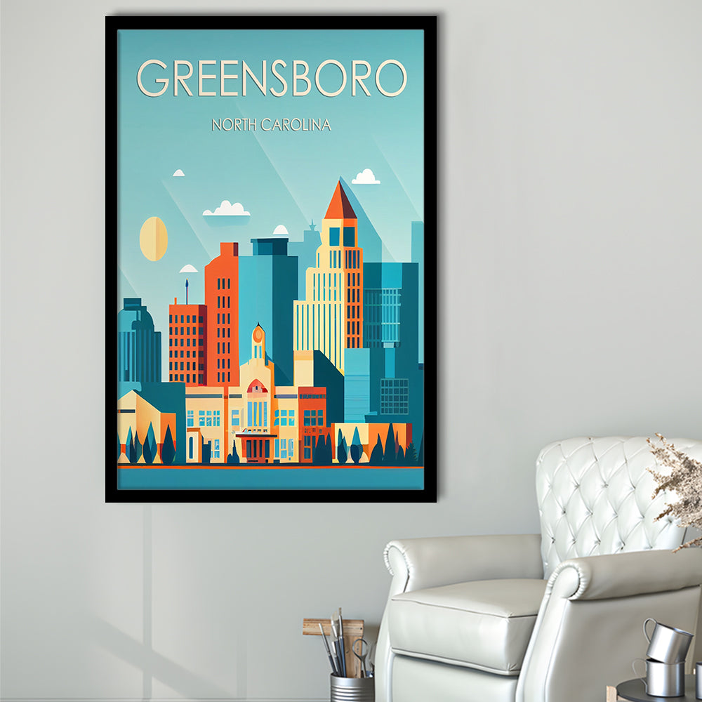 Greensboro North Carolina Retro Art Print, Greensboro City Wall Art, Framed Art Print, Picture Framed, Painting Art