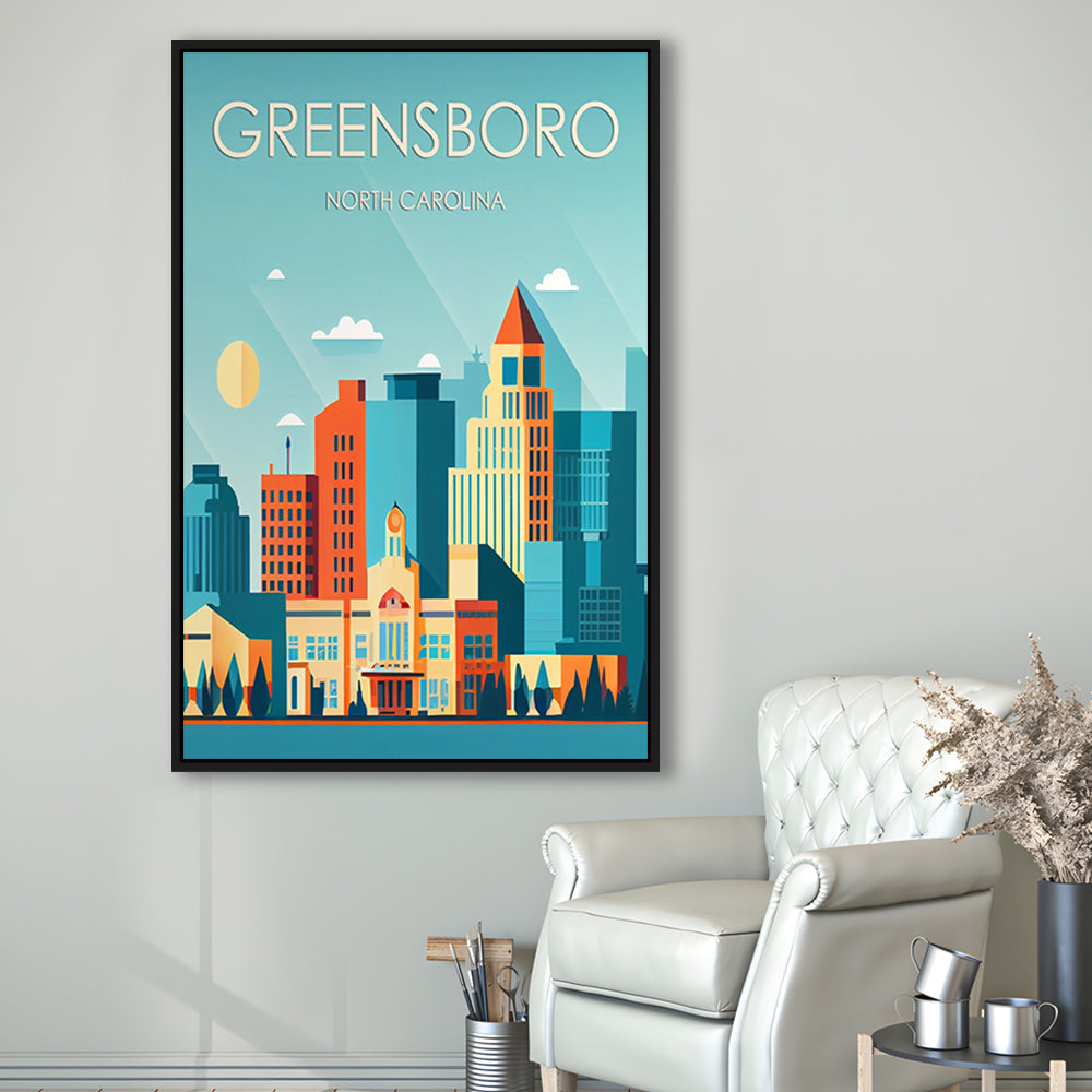 Greensboro North Carolina Retro Art Print, Greensboro City Wall Art, Floating Framed Canvas Print, Framed Picture, Painting Canvas