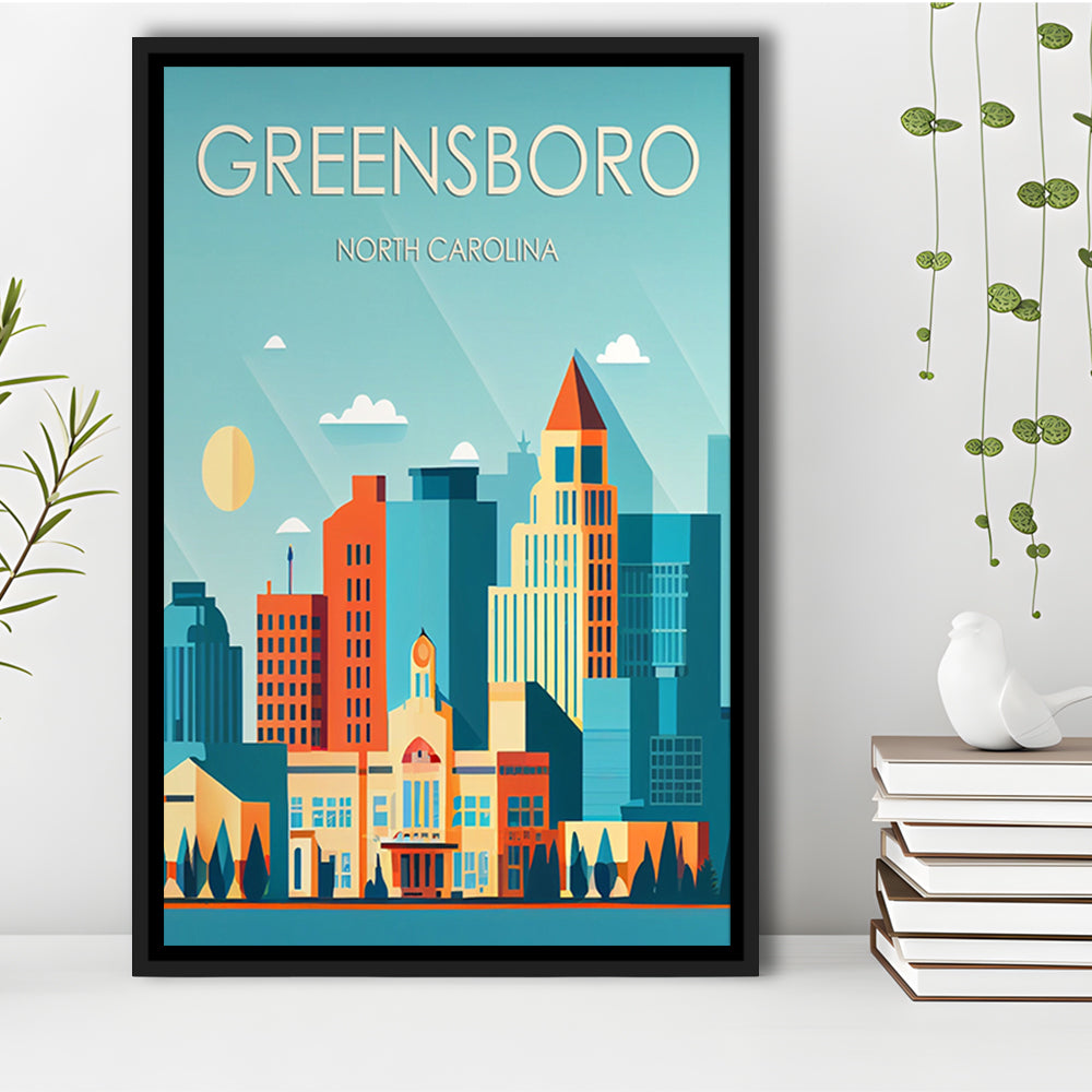 Greensboro North Carolina Retro Art Print, Greensboro City Wall Art, Floating Framed Canvas Print, Framed Picture, Painting Canvas