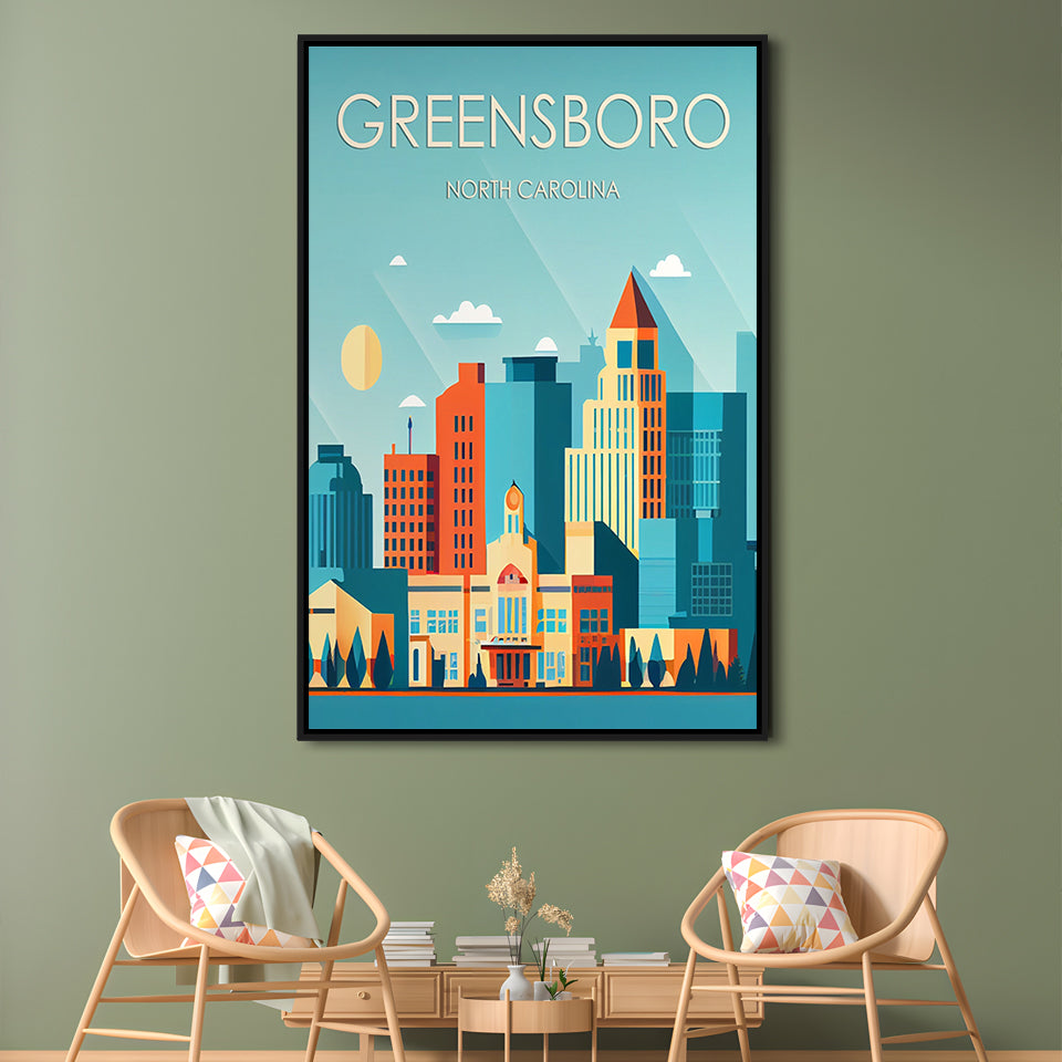 Greensboro North Carolina Retro Art Print, Greensboro City Wall Art, Floating Framed Canvas Print, Framed Picture, Painting Canvas