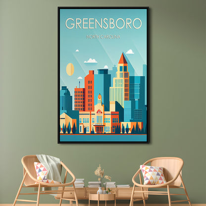 Greensboro North Carolina Retro Art Print, Greensboro City Wall Art, Floating Framed Canvas Print, Framed Picture, Painting Canvas