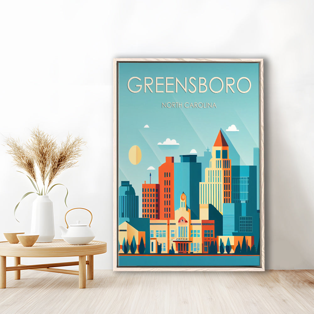 Greensboro North Carolina Retro Art Print, Greensboro City Wall Art, Floating Framed Canvas Print, Framed Picture, Painting Canvas