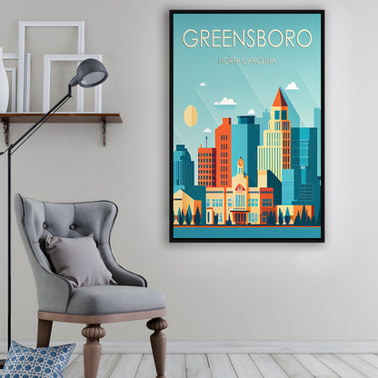 Greensboro North Carolina Retro Art Print, Greensboro City Wall Art, Floating Framed Canvas Print, Framed Picture, Painting Canvas