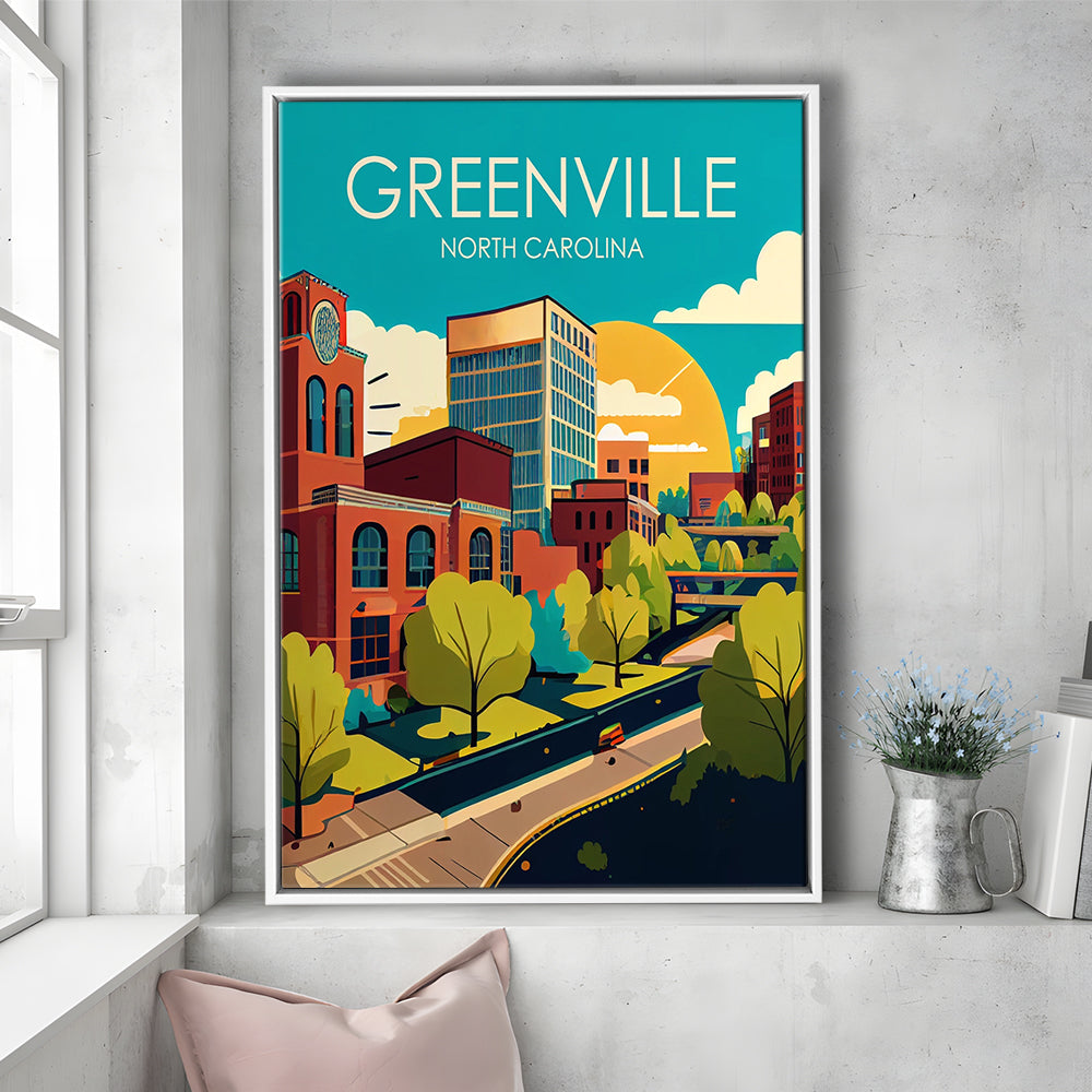 Greenville North Carolina Retro Art Print, Greenville City Wall Art, Floating Framed Canvas Print, Framed Picture, Painting Canvas