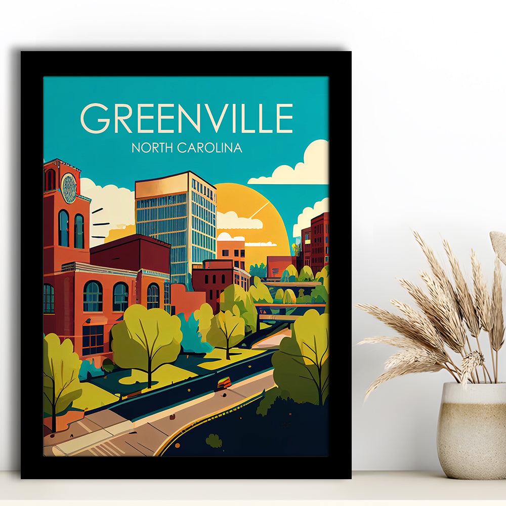 Greenville North Carolina Retro Art Print, Greenville City Wall Art, Framed Art Print, Picture Framed, Painting Art