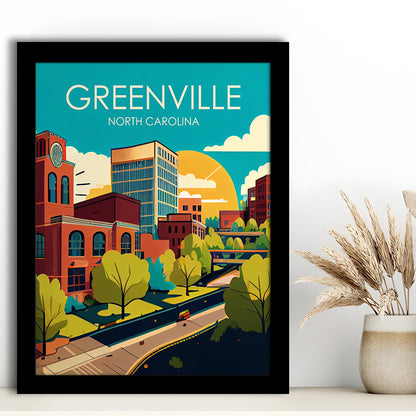 Greenville North Carolina Retro Art Print, Greenville City Wall Art, Framed Art Print, Picture Framed, Painting Art