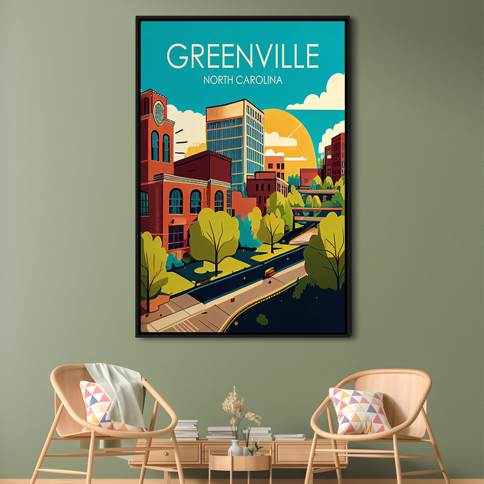 Greenville North Carolina Retro Art Print, Greenville City Wall Art, Floating Framed Canvas Print, Framed Picture, Painting Canvas