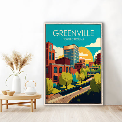 Greenville North Carolina Retro Art Print, Greenville City Wall Art, Floating Framed Canvas Print, Framed Picture, Painting Canvas