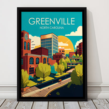 Greenville North Carolina Retro Art Print, Greenville City Wall Art, Floating Framed Canvas Print, Framed Picture, Painting Canvas