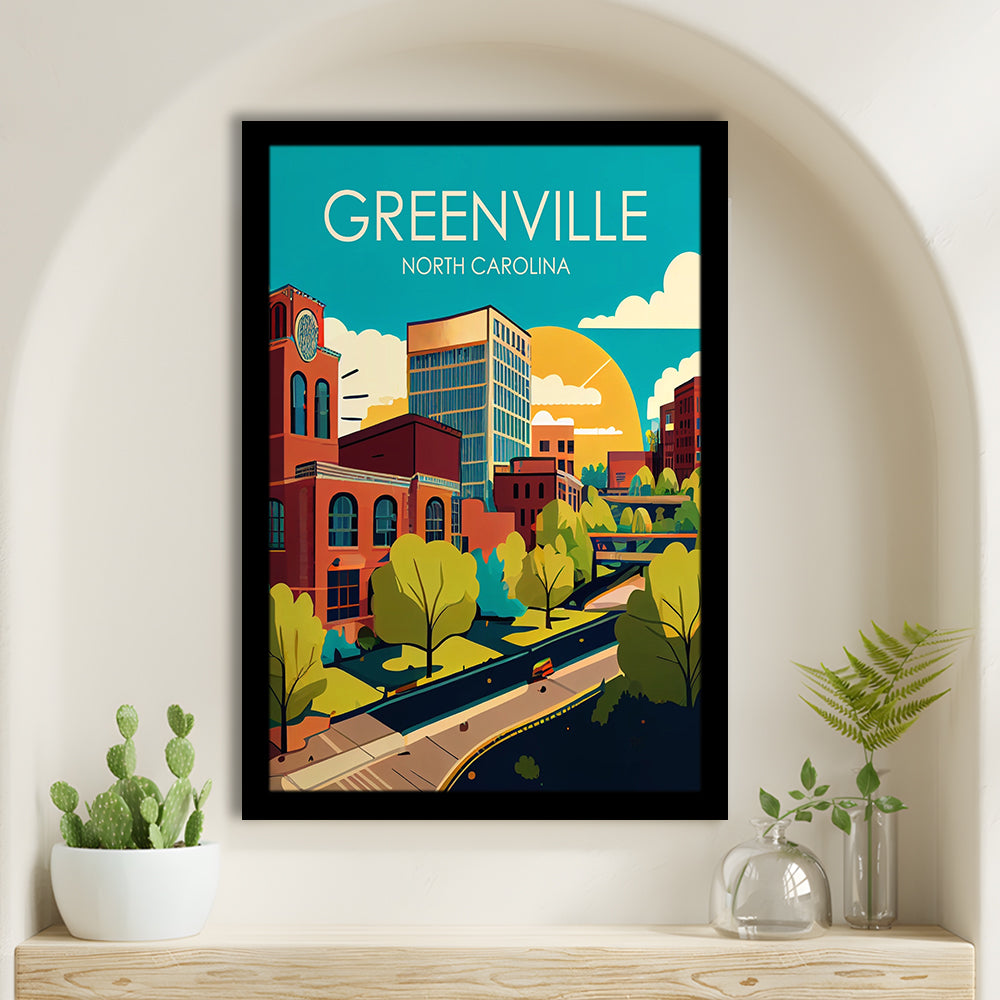 Greenville North Carolina Retro Art Print, Greenville City Wall Art, Framed Art Print, Picture Framed, Painting Art