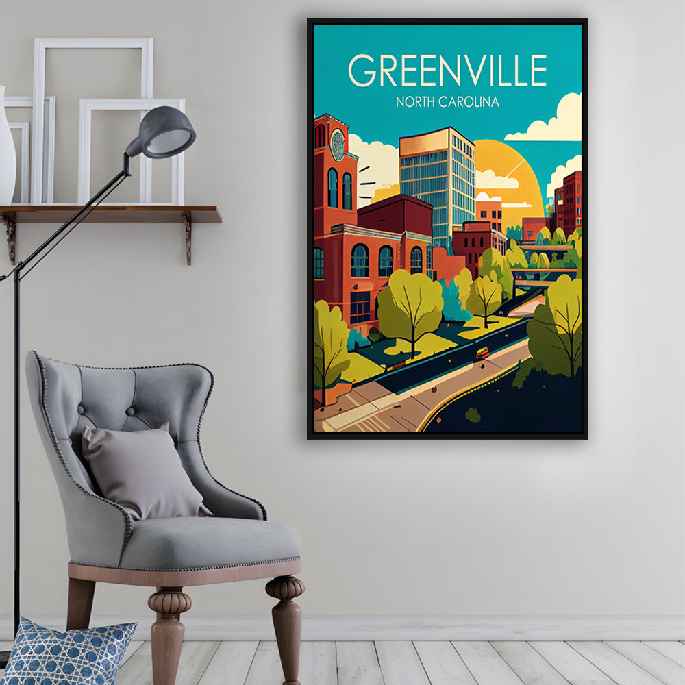 Greenville North Carolina Retro Art Print, Greenville City Wall Art, Floating Framed Canvas Print, Framed Picture, Painting Canvas