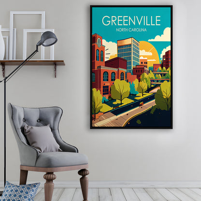 Greenville North Carolina Retro Art Print, Greenville City Wall Art, Floating Framed Canvas Print, Framed Picture, Painting Canvas