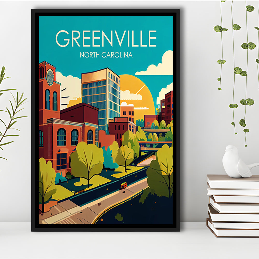 Greenville North Carolina Retro Art Print, Greenville City Wall Art, Floating Framed Canvas Print, Framed Picture, Painting Canvas