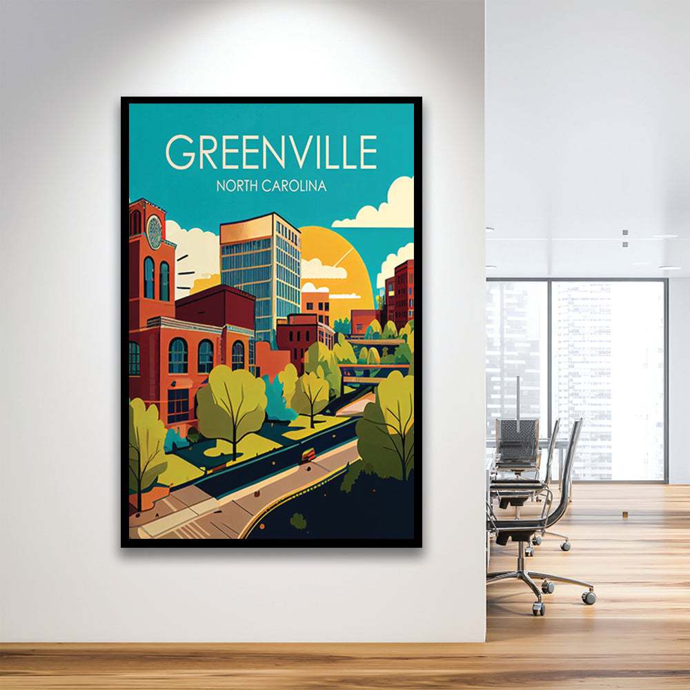 Greenville North Carolina Retro Art Print, Greenville City Wall Art, Framed Art Print, Picture Framed, Painting Art