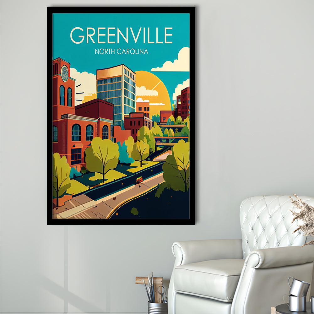 Greenville North Carolina Retro Art Print, Greenville City Wall Art, Framed Art Print, Picture Framed, Painting Art