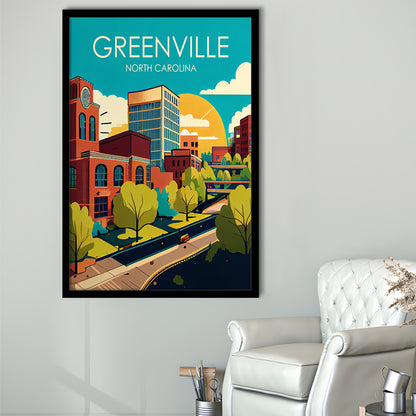 Greenville North Carolina Retro Art Print, Greenville City Wall Art, Framed Art Print, Picture Framed, Painting Art