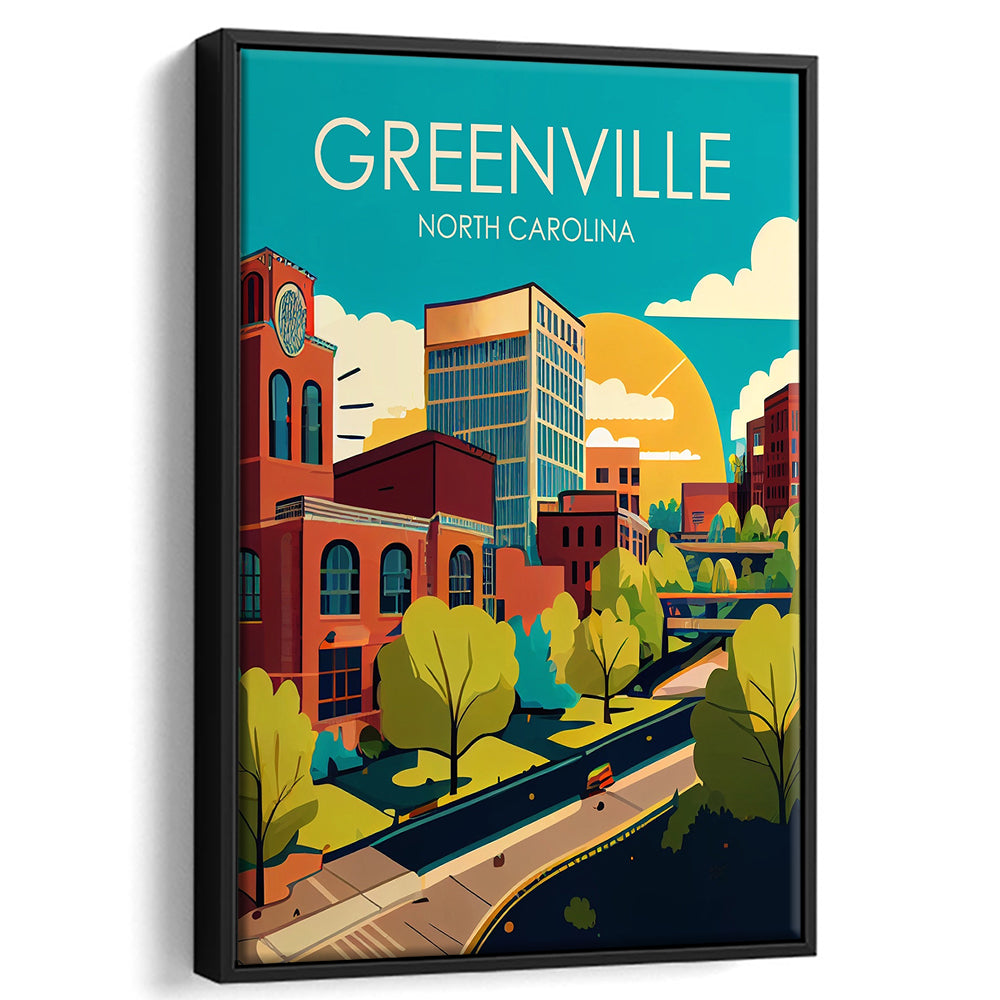 Greenville North Carolina Retro Art Print, Greenville City Wall Art, Floating Framed Canvas Print, Framed Picture, Painting Canvas