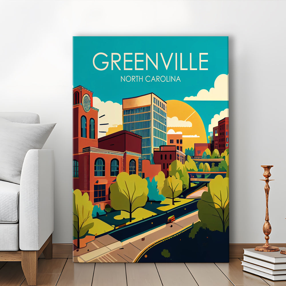 Greenville North Carolina Retro Art Print, Greenville City Wall Art, Canvas Print, Painting Canvas, Living Room Decor
