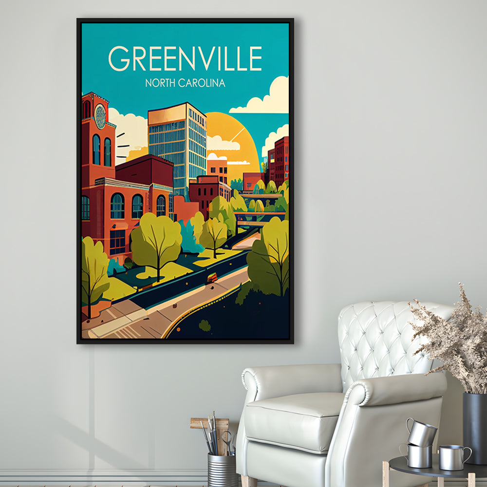 Greenville North Carolina Retro Art Print, Greenville City Wall Art, Floating Framed Canvas Print, Framed Picture, Painting Canvas