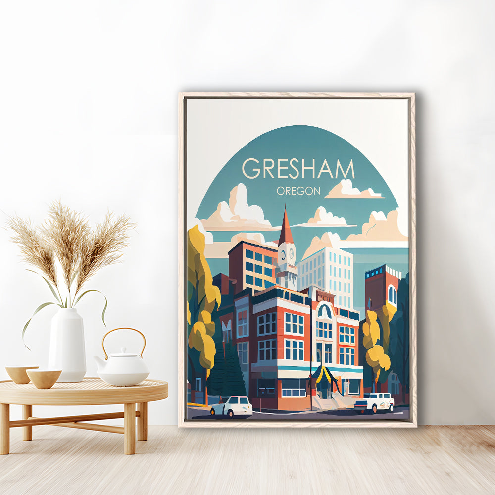 Gresham Oregon Retro Art Print, Gresham City Wall Art, Floating Framed Canvas Print, Framed Picture, Painting Canvas