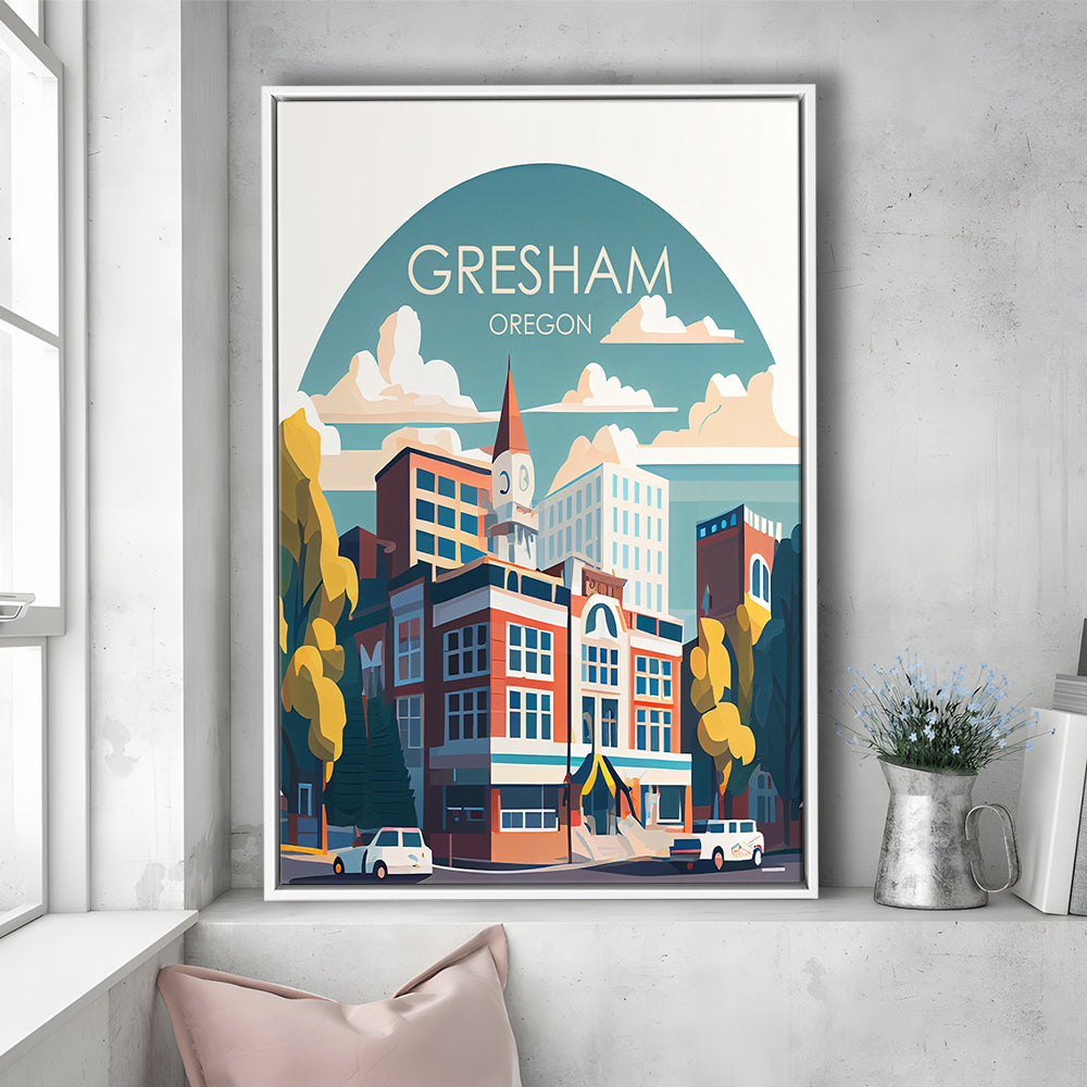 Gresham Oregon Retro Art Print, Gresham City Wall Art, Floating Framed Canvas Print, Framed Picture, Painting Canvas