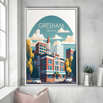 Gresham Oregon Retro Art Print, Gresham City Wall Art, Floating Framed Canvas Print, Framed Picture, Painting Canvas
