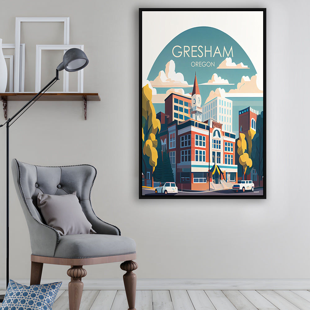 Gresham Oregon Retro Art Print, Gresham City Wall Art, Floating Framed Canvas Print, Framed Picture, Painting Canvas