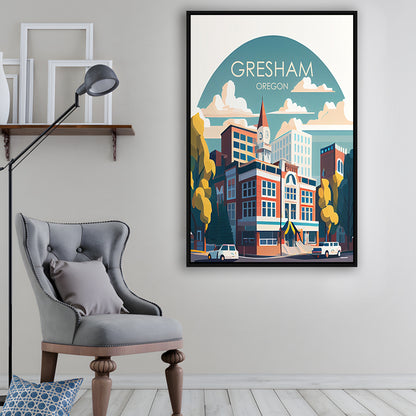 Gresham Oregon Retro Art Print, Gresham City Wall Art, Floating Framed Canvas Print, Framed Picture, Painting Canvas