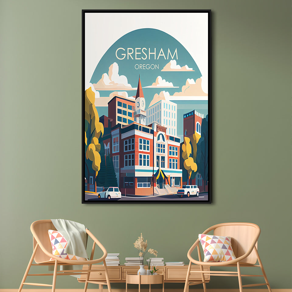 Gresham Oregon Retro Art Print, Gresham City Wall Art, Floating Framed Canvas Print, Framed Picture, Painting Canvas