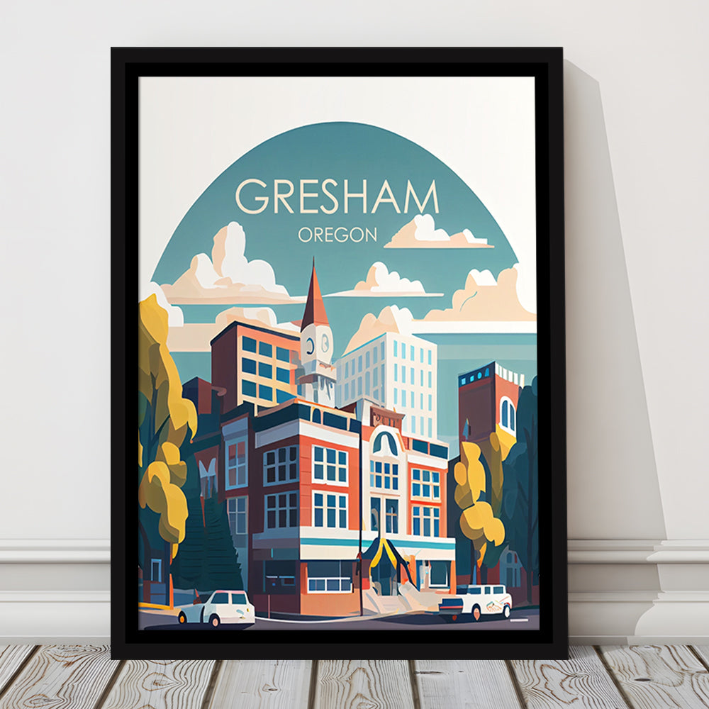 Gresham Oregon Retro Art Print, Gresham City Wall Art, Floating Framed Canvas Print, Framed Picture, Painting Canvas