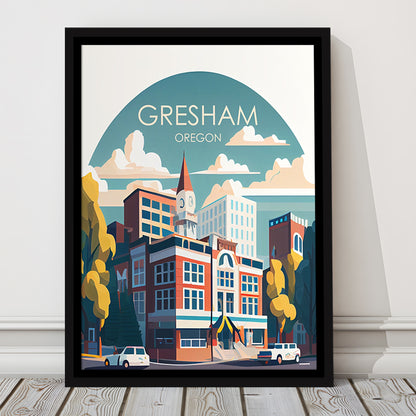 Gresham Oregon Retro Art Print, Gresham City Wall Art, Floating Framed Canvas Print, Framed Picture, Painting Canvas