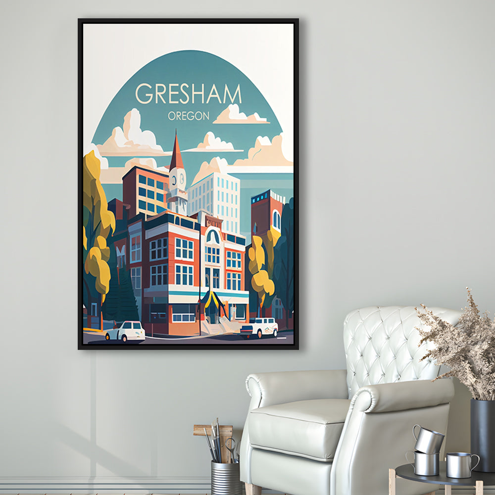 Gresham Oregon Retro Art Print, Gresham City Wall Art, Floating Framed Canvas Print, Framed Picture, Painting Canvas