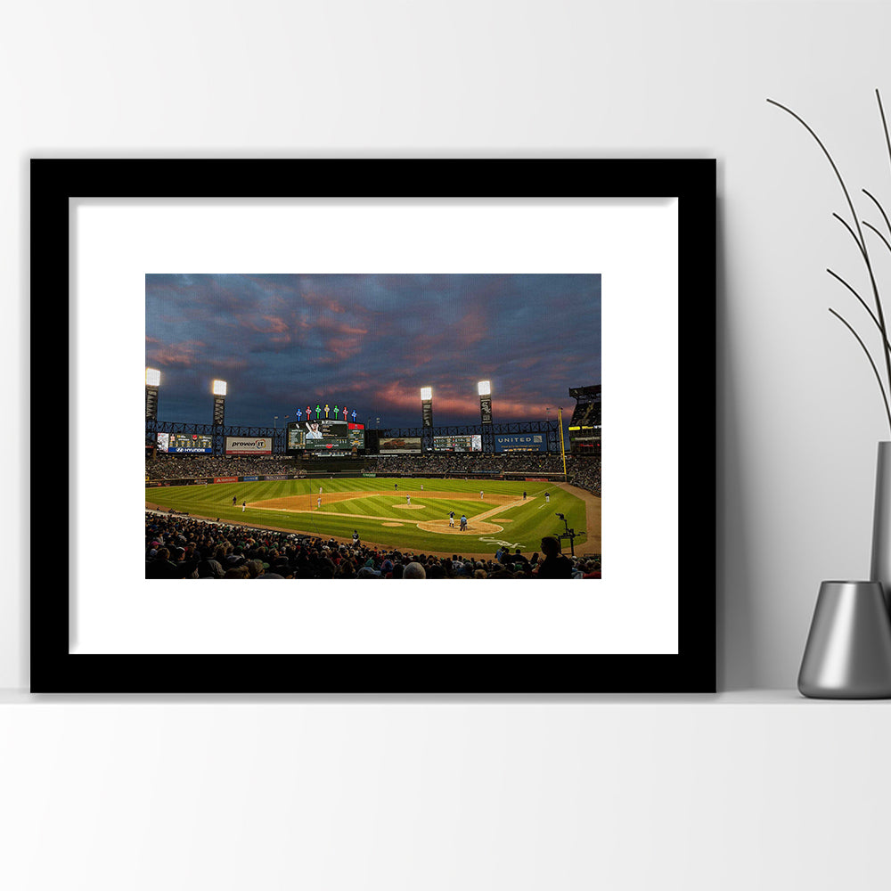 Guaranteed Rate Field at Night, Stadium Canvas, Sport Art, Gift for him, White Border Framed Art Print Wall Decor