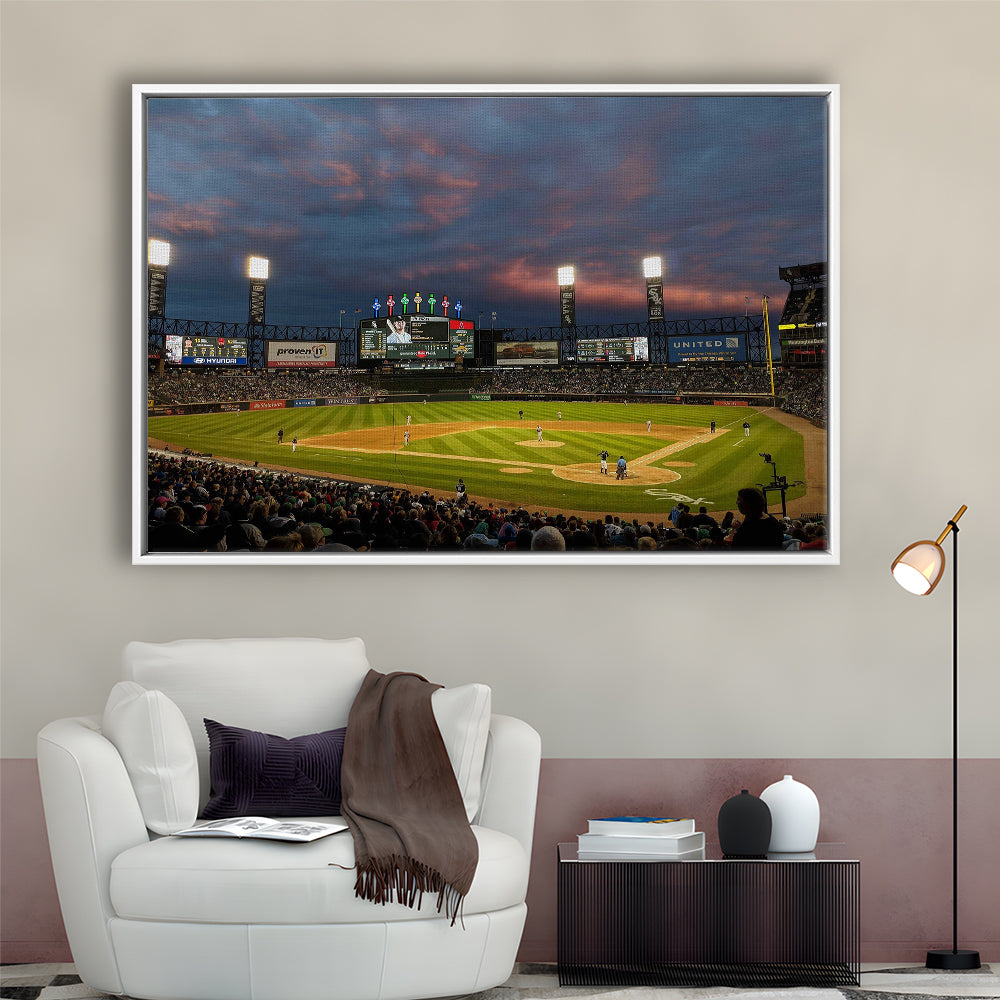 Guaranteed Rate Field at Night, Stadium Canvas, Sport Art, Framed Canvas Print Wall Art, Floating Frame
